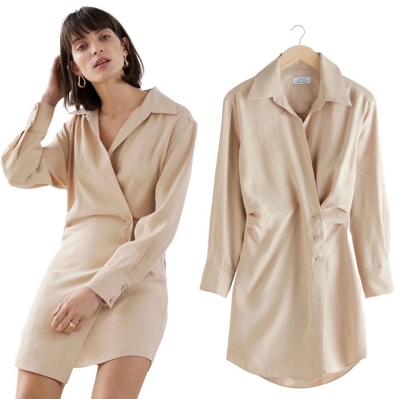 & Other Stories Asymmetric Mini Shirtdress in Tan Size 0 Wrap - Picture 2 of 9